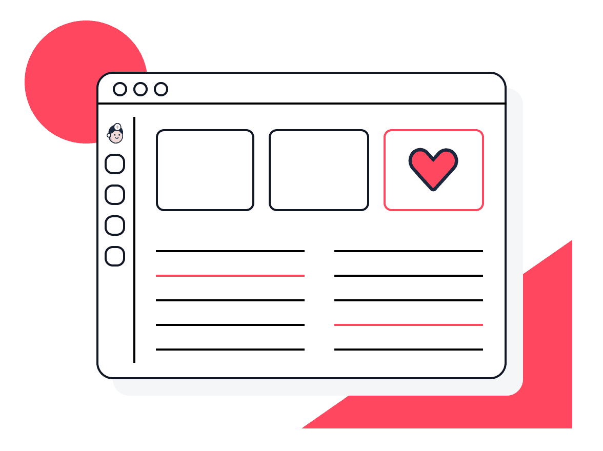 Illustration of a patient portal interface with a doctor mascot sidebar and a highlighted heart/care card.