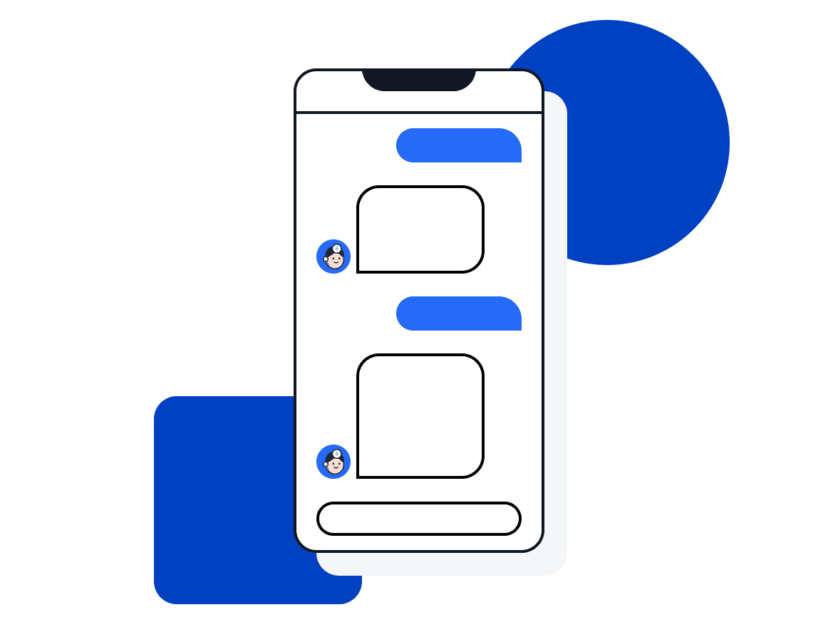 Illustration of a smartphone chat thread with a Bot MD AI Agent answering patient messages.