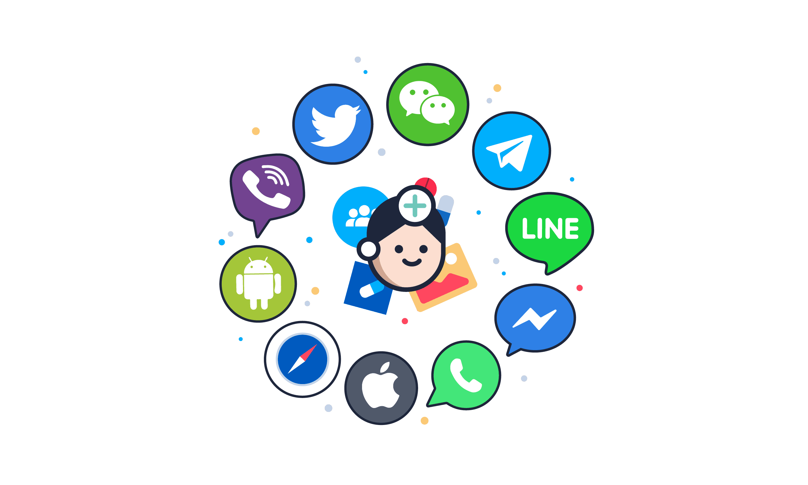 Bot MD's AI patient engagement platform connects the AI Agent to WhatsApp, Facebook Messenger, Viber, LINE, Telegram, SMS, and web — one platform across every channel patients already use.