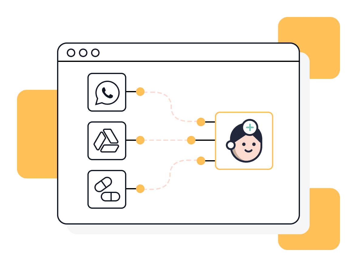 Illustration showing WhatsApp, Google Drive, and medication intake feeding into a Bot MD AI Agent doctor mascot.