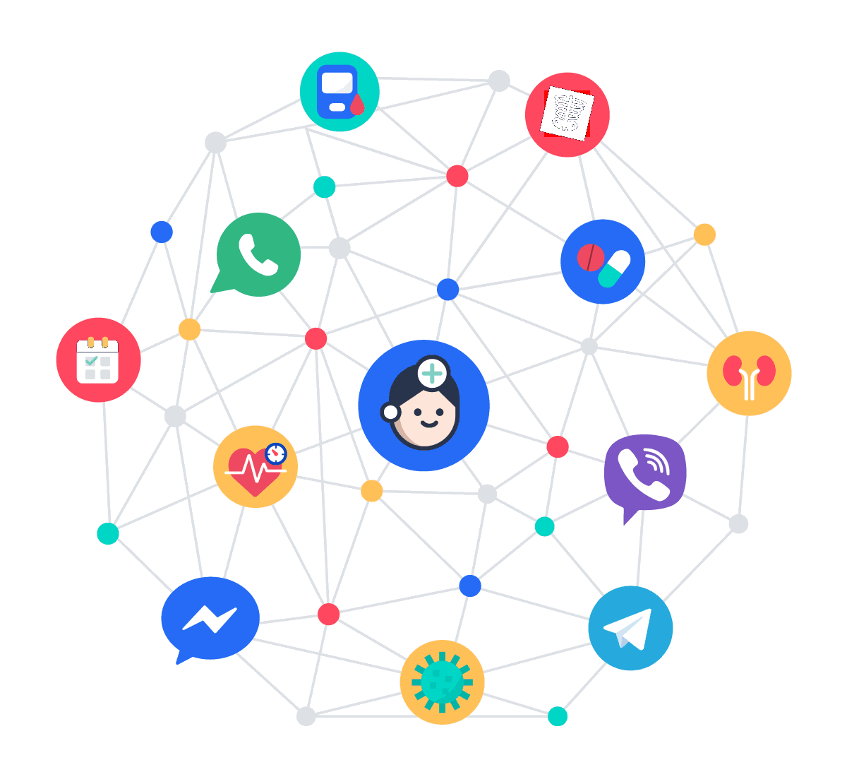 Bot MD doctor mascot at the center of a network connecting WhatsApp, Viber, Messenger, and Telegram to clinical systems including imaging, pharmacy, vitals, calendars, and lab results.