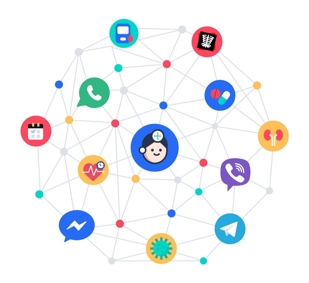 Bot MD doctor mascot at the center of a network connecting WhatsApp, Viber, Messenger, and Telegram to clinical systems including imaging, pharmacy, vitals, calendars, and lab results.